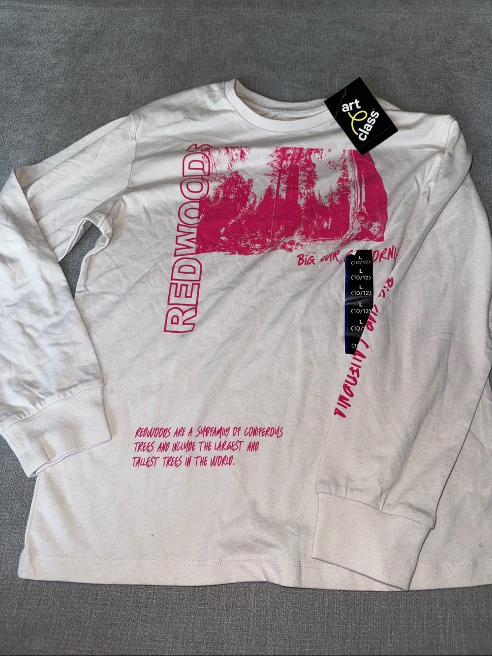 art class White Long Sleeve Tee with Pink 'REDWOOD' Graphic